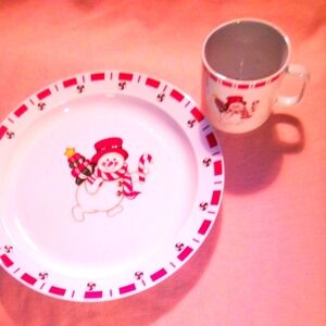 Two Christmas dinner plate and mug sets Peppermint Snowmen 2003 Atico